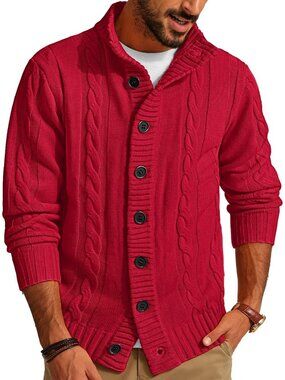 🆕Men's Dark Red Cable Knit Cardigan Sweater Button Down Stand Collar Jacket